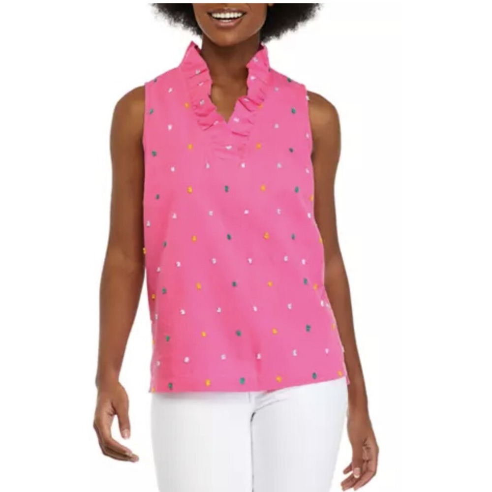 Crown & Ivy Women Pink Multicolor Ruffle V-Neck Sleeveless Cotton Tank Top L